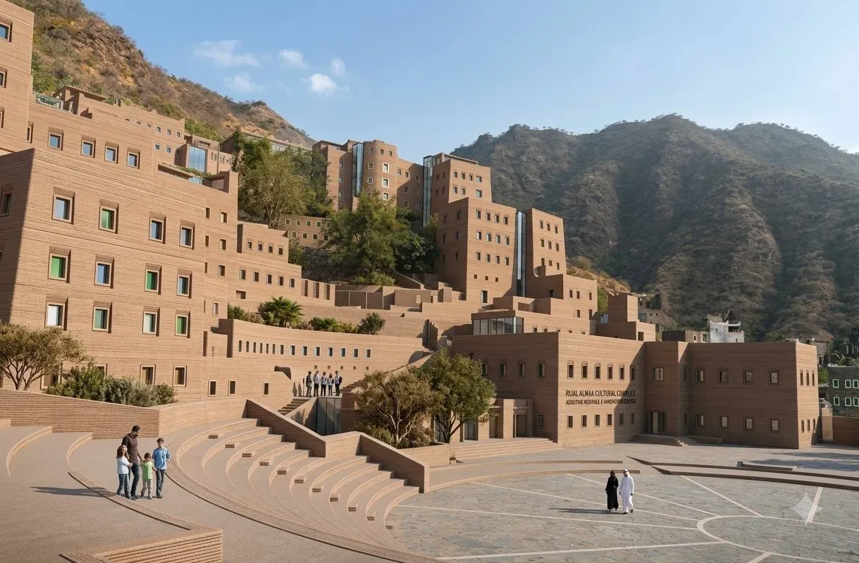 Rijal Almaa heritage village reimagined as a printed cultural centre, concept
