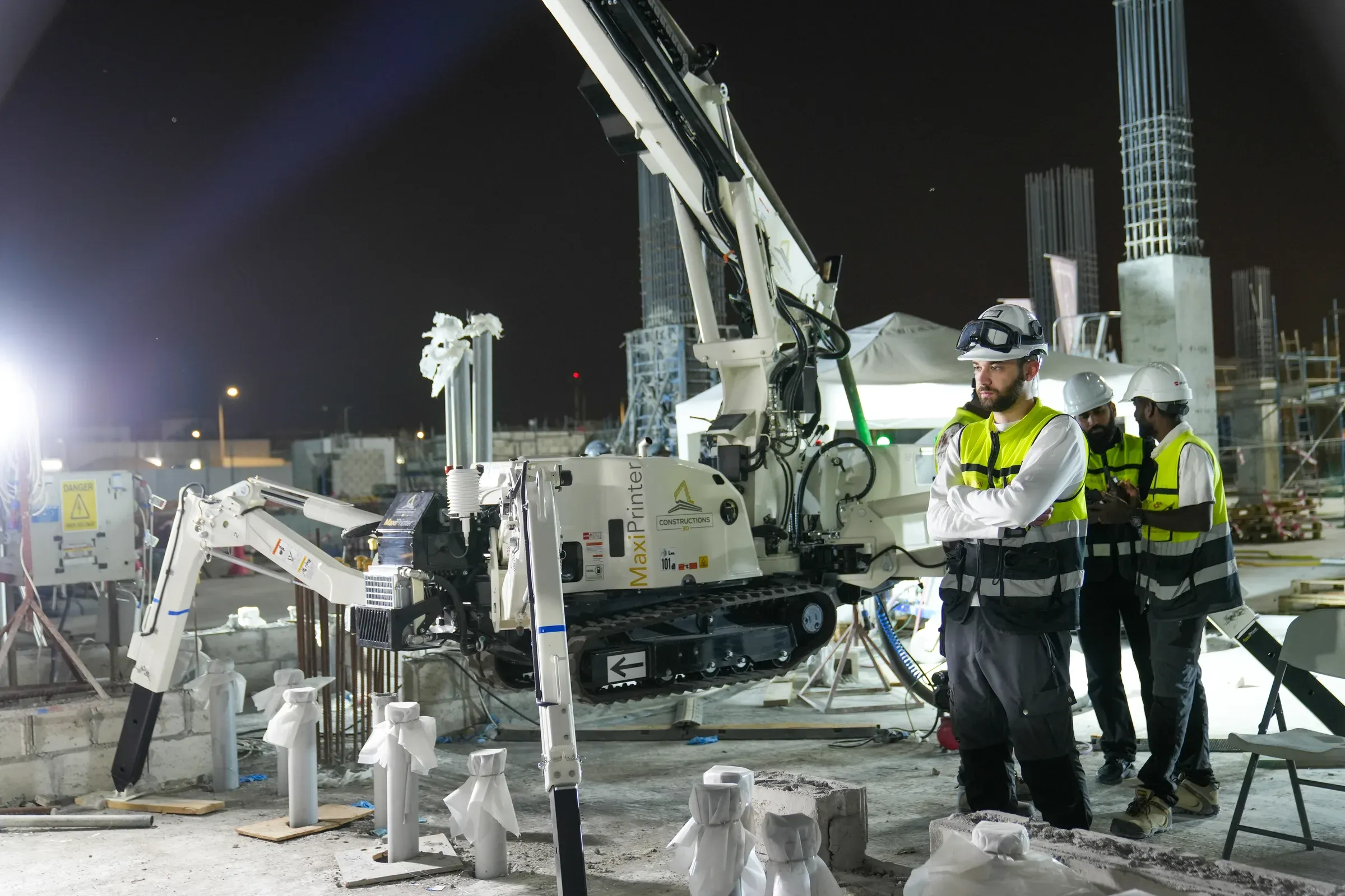 Three GGI team members in hard hats beside the printers during a night print at School 08, Doha