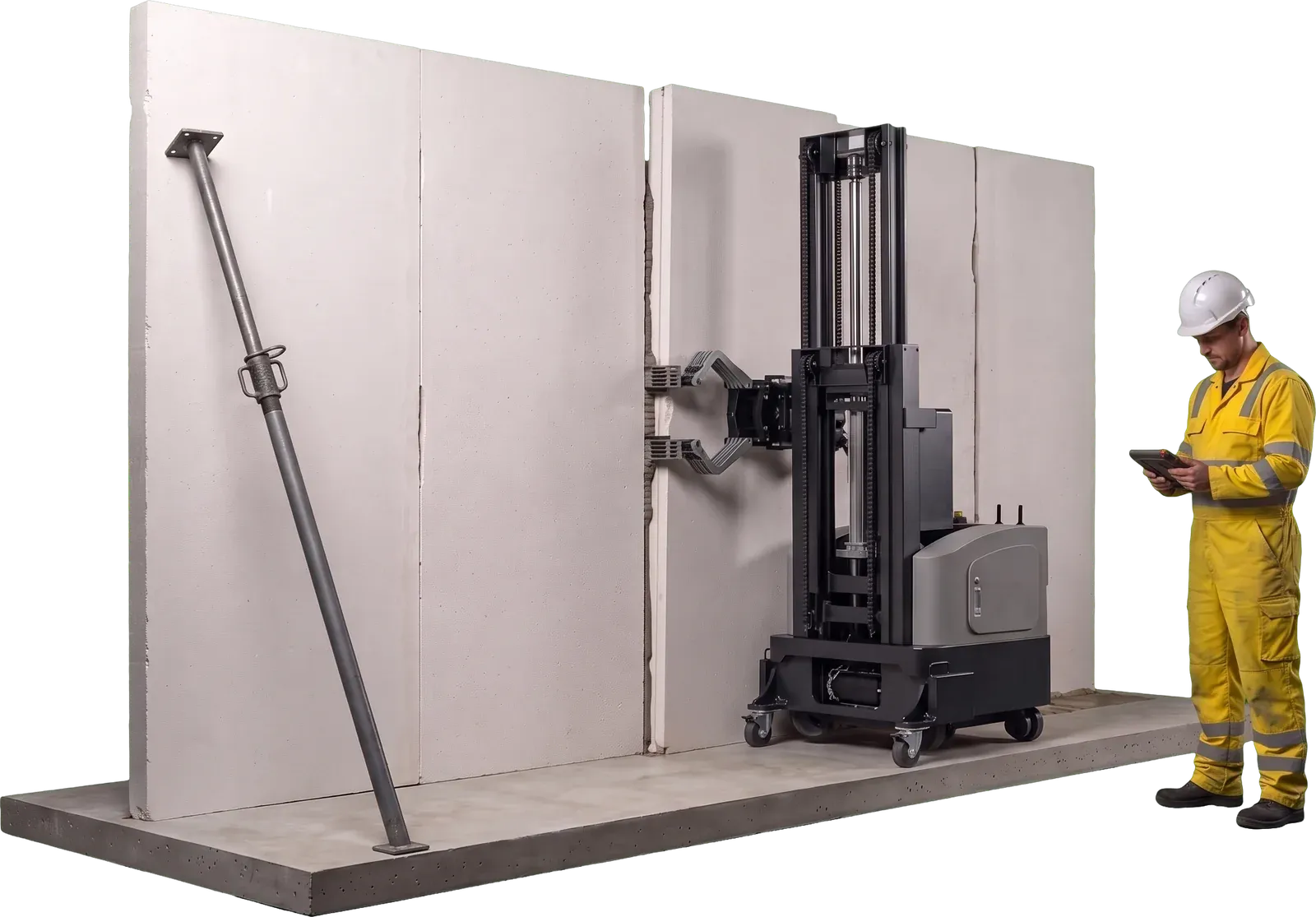 The robot gripping a panel edge and pushing it against the wall beside a propped panel, an installer watching with a tablet
