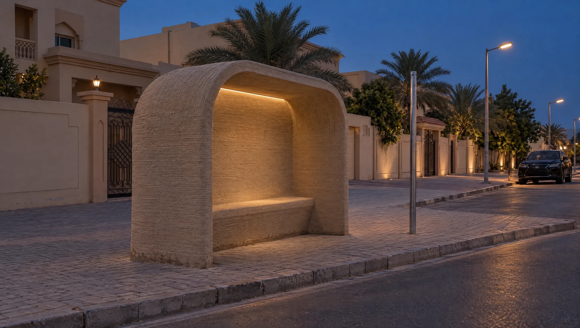 Printed bus shelter on a Doha street at blue hour, concept