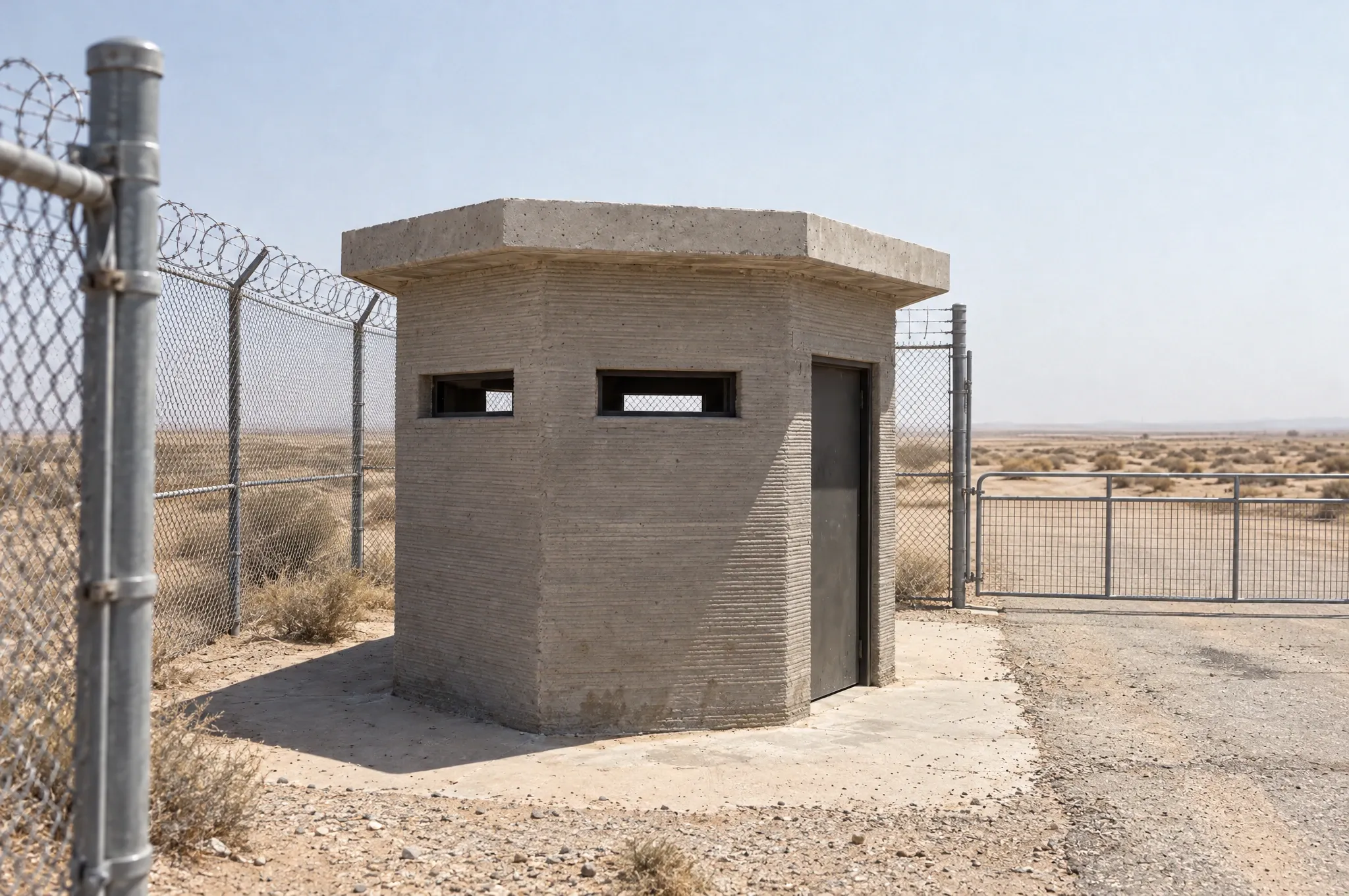 Printed hexagonal guard post at a fenced compound, concept