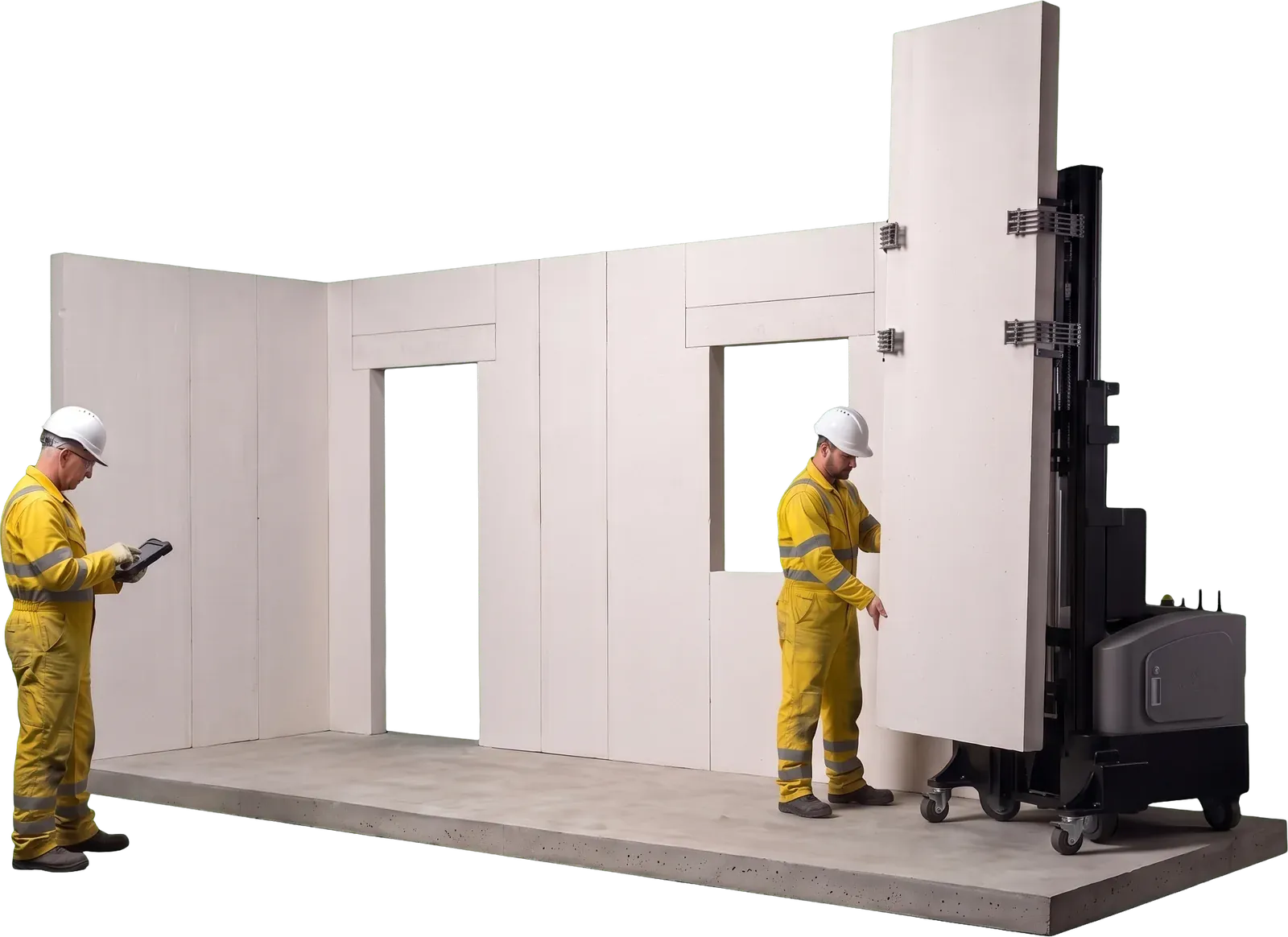 The robot standing a tall panel at the end of a wall with a door and a window opening, two installers beside it