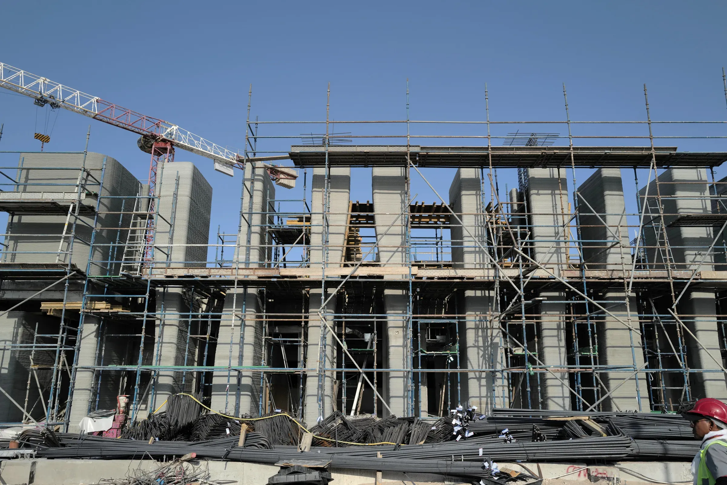 Row of printed columns in scaffolding