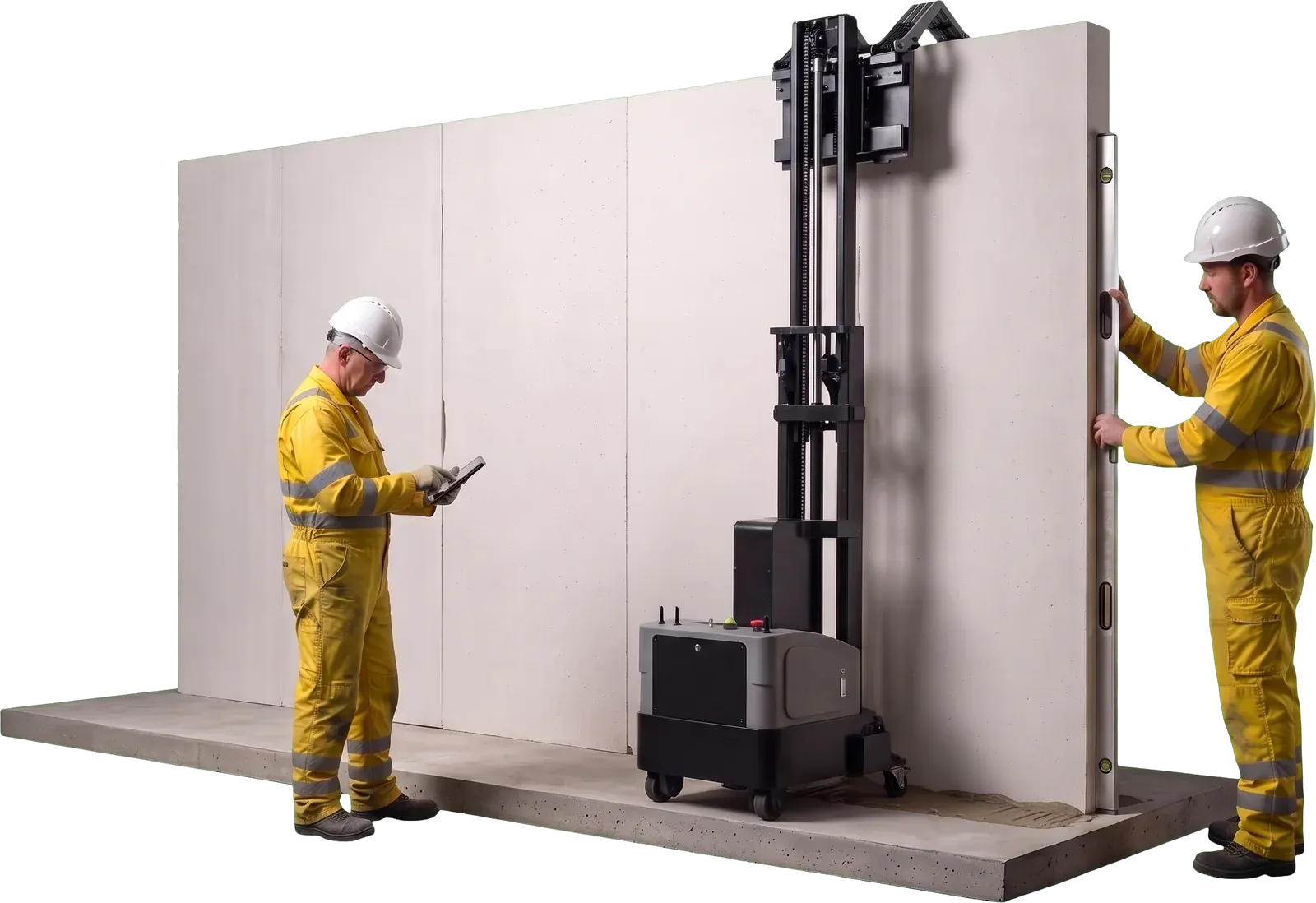 Two installers in yellow coveralls beside the robot; one checks a tablet while the other holds a spirit level against the panel
