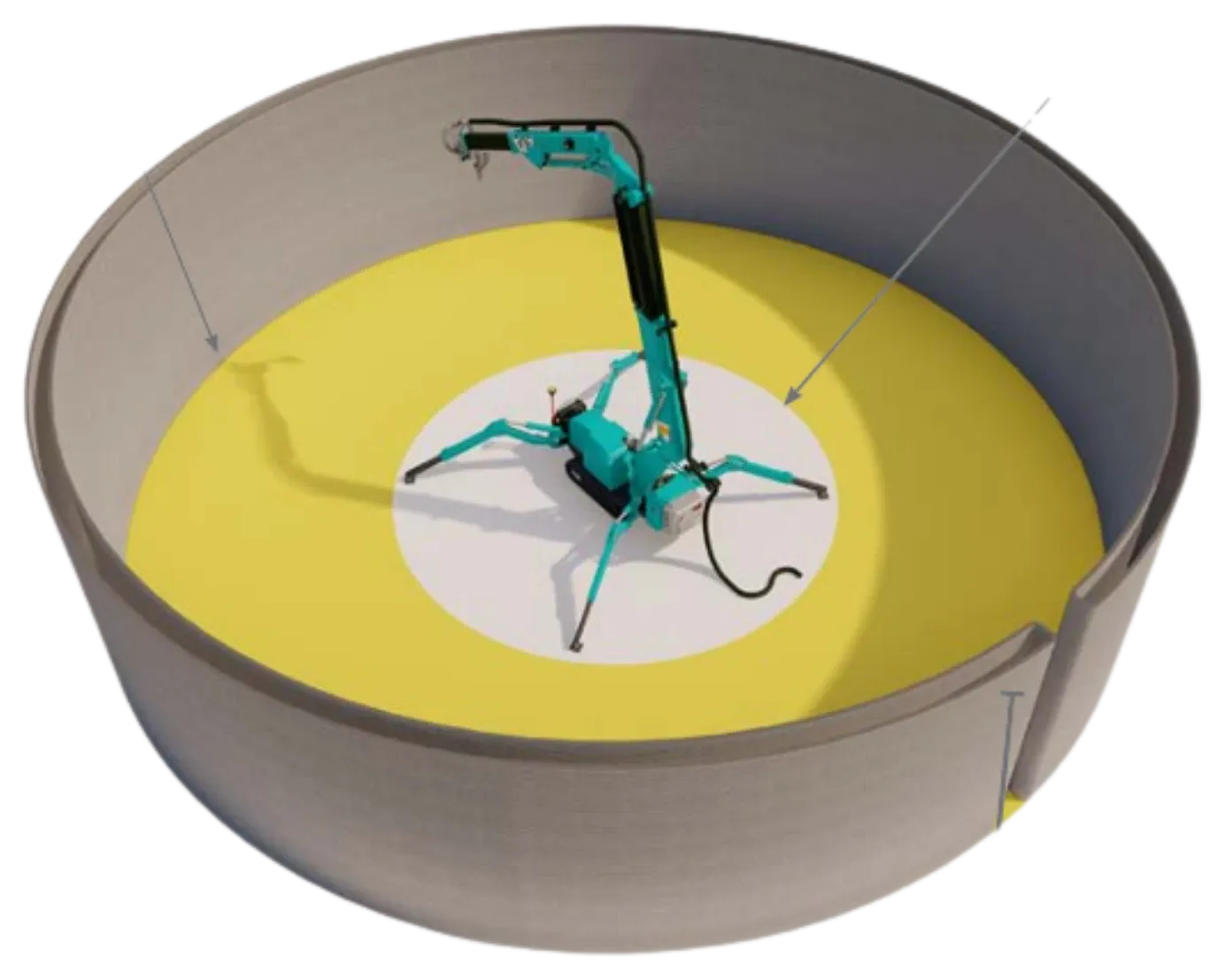 Illustration of the printer's reach: the machine in the middle of a 13.8 m circle, inside a printed wall 3.85 m high